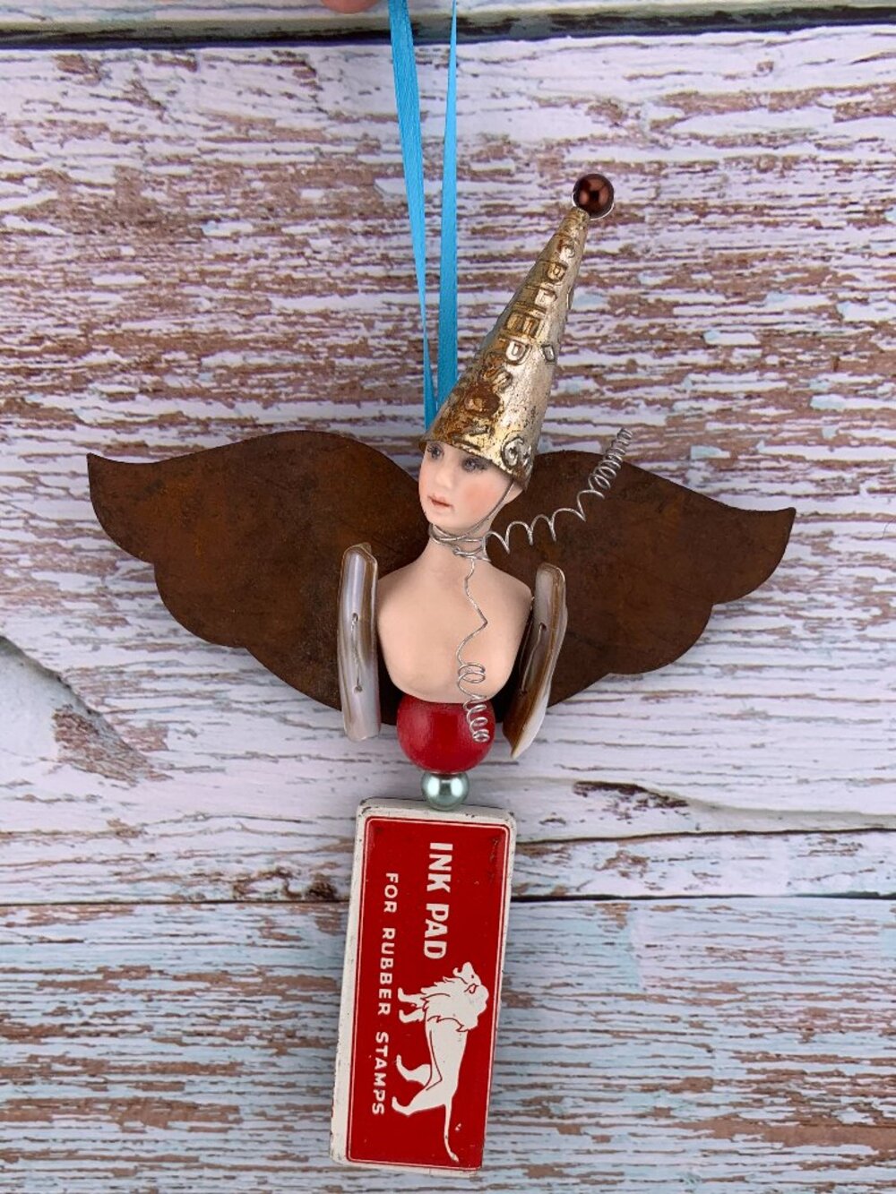 Assemblage Art Angel Doll Vtg Tin Unique Ornament Wall Hanging ARTSY AA101